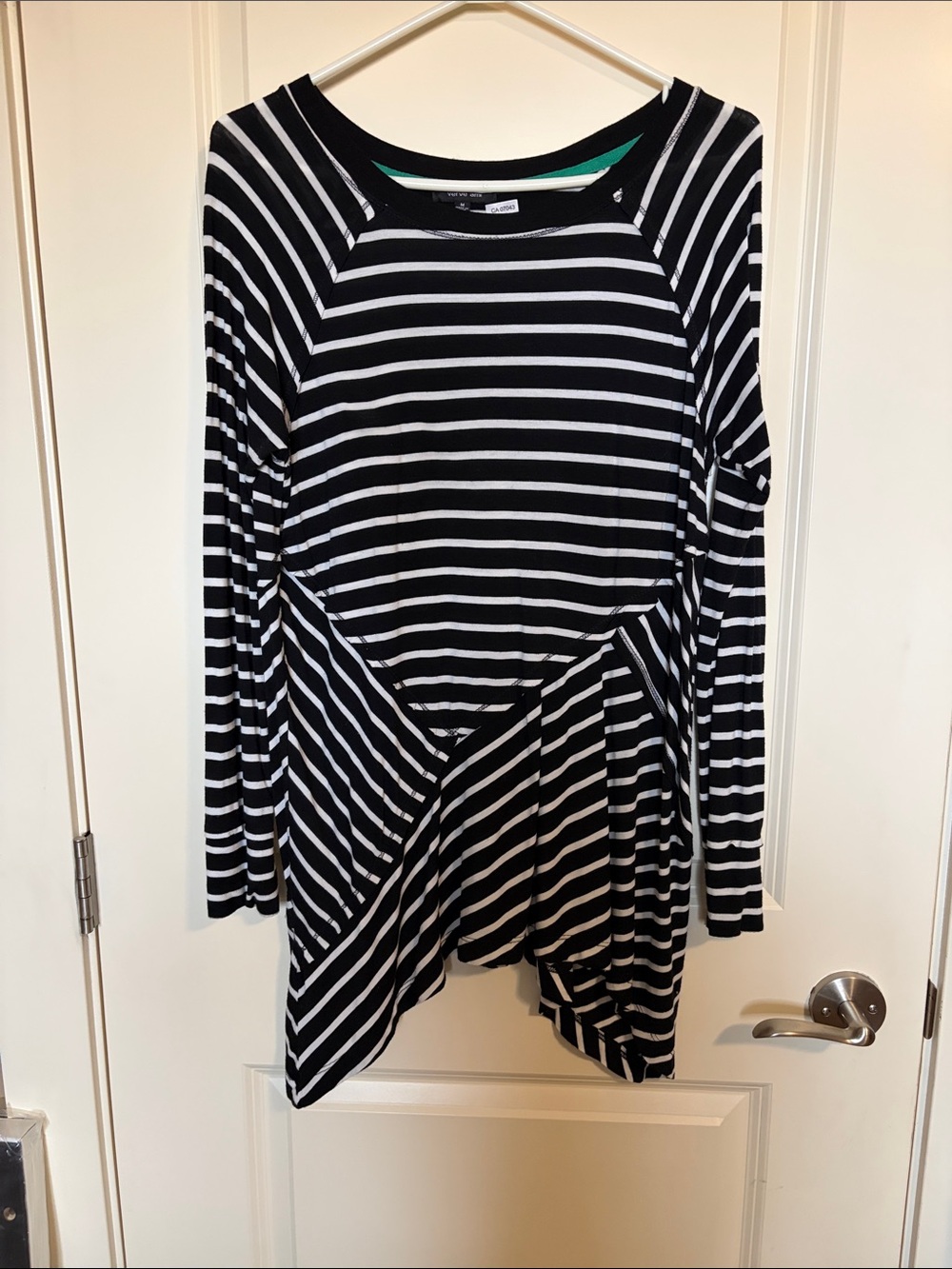 Verve Ami Black and White Striped Long-Sleeve Asymmetric Top